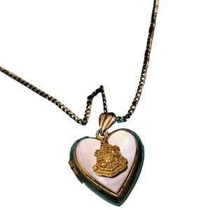 1940s Antique 12k GF Mother Of Pearl Heart Sweetheart Locket Chain Link Necklace